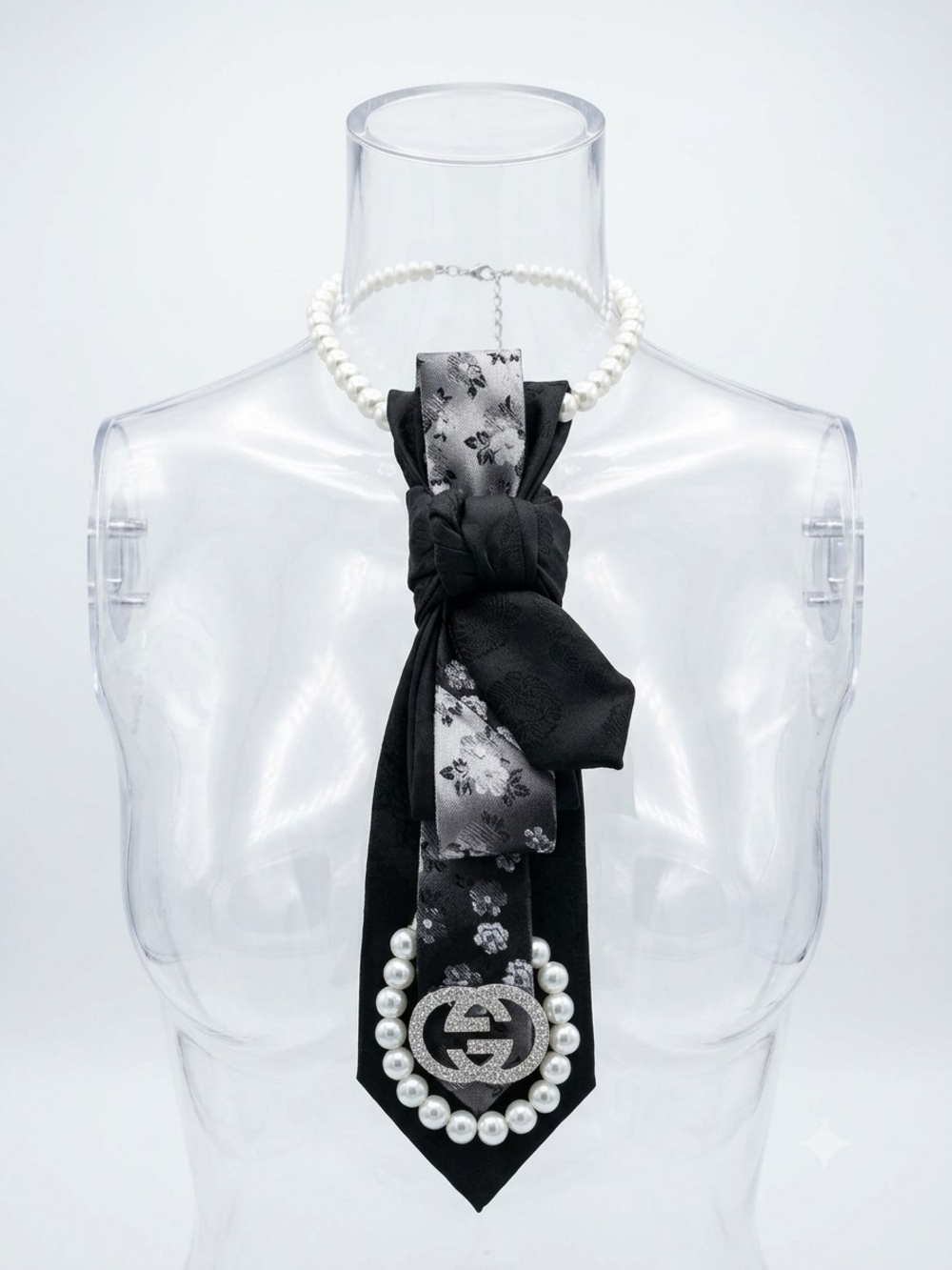Pearl Embellished Black Satin Bow Necklace